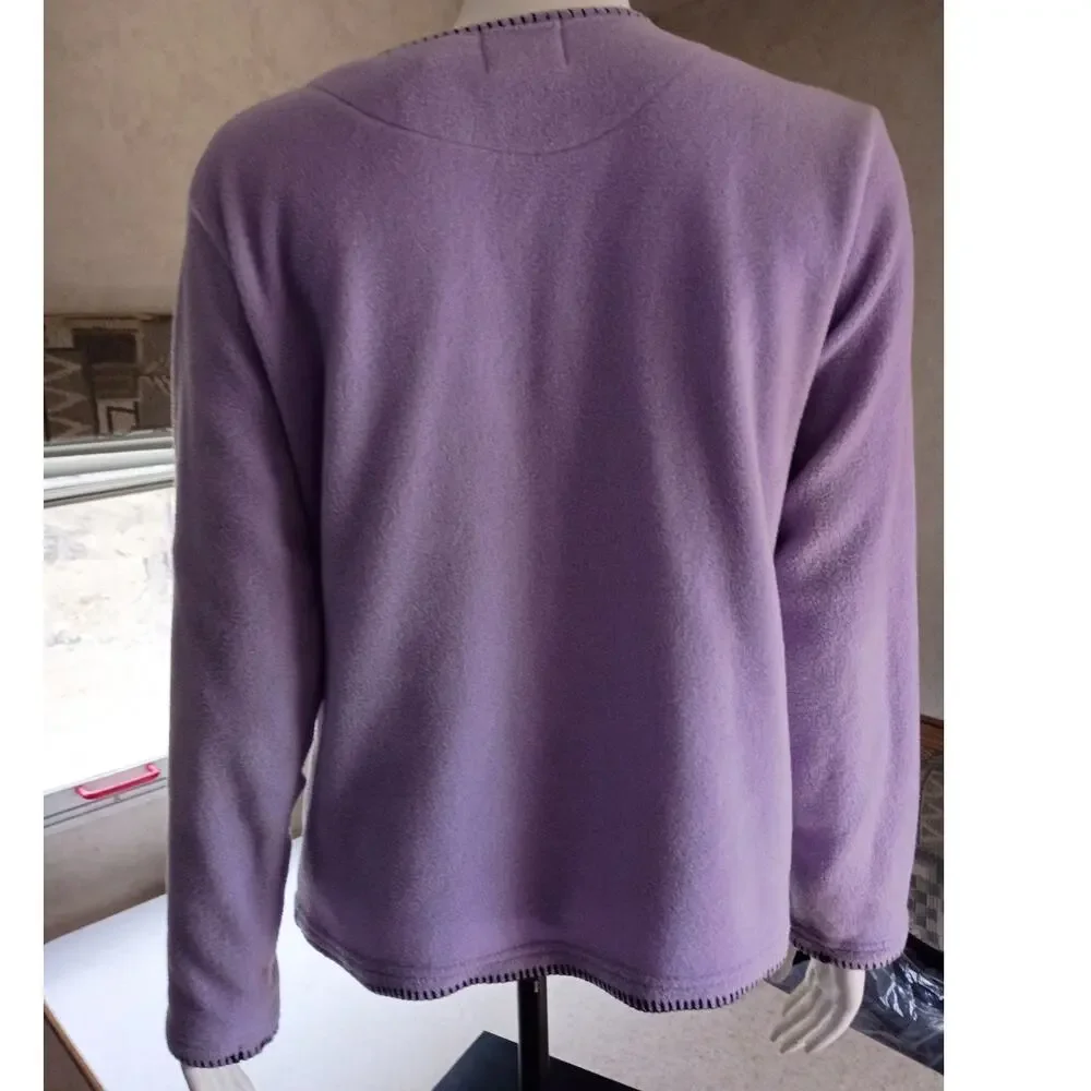Vintage Snowman Fleece Cardigan M Lilac Purple Embroidered Christmas Cozycore